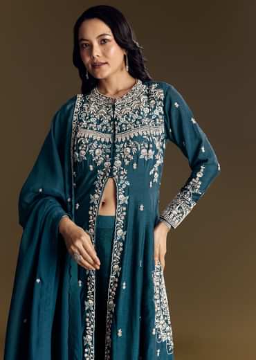 Teal Blue Silk Palazzo Suit With Moti Accents