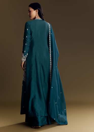 Teal Blue Silk Palazzo Suit With Moti Accents
