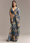 Teal Blue Tissue Saree With Floral Print And Embroidered Border