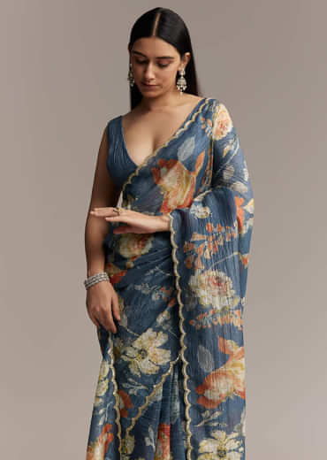 Teal Blue Tissue Saree With Floral Print And Embroidered Border