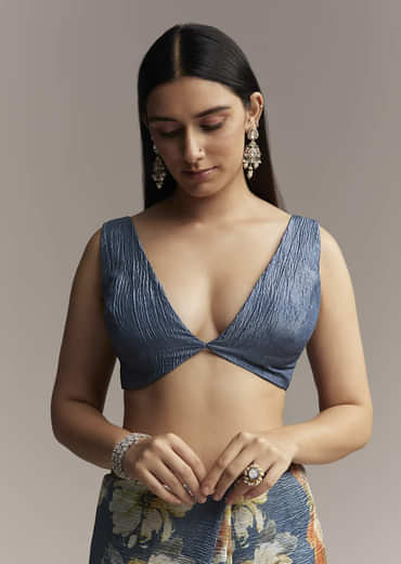 Teal Blue Tissue Saree With Floral Print And Embroidered Border