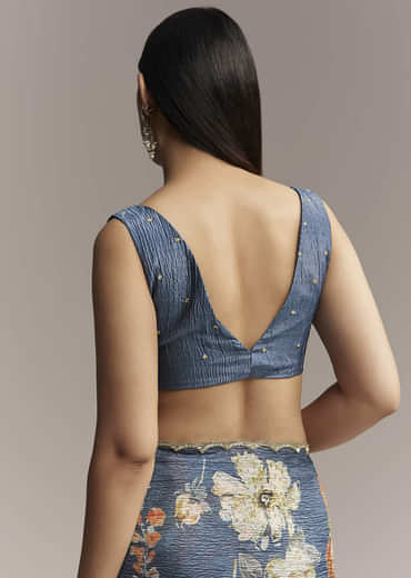 Teal Blue Tissue Saree With Floral Print And Embroidered Border