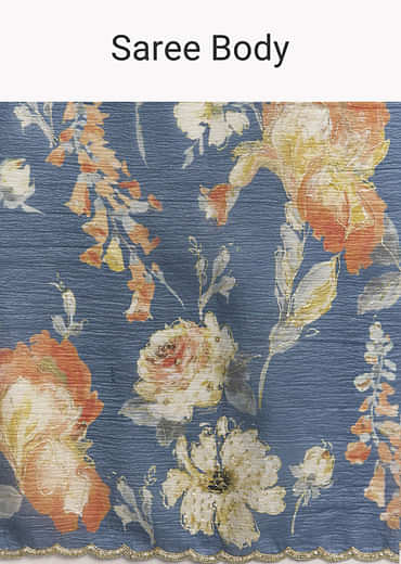 Teal Blue Tissue Saree With Floral Print And Embroidered Border