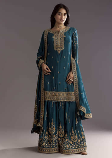 Teal Blue Zari Beaded Kurta With Sequin Palazzo And Butti Work Dupatta