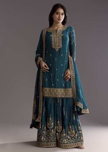 Teal Blue Zari Beaded Kurta With Sequin Palazzo And Butti Work Dupatta