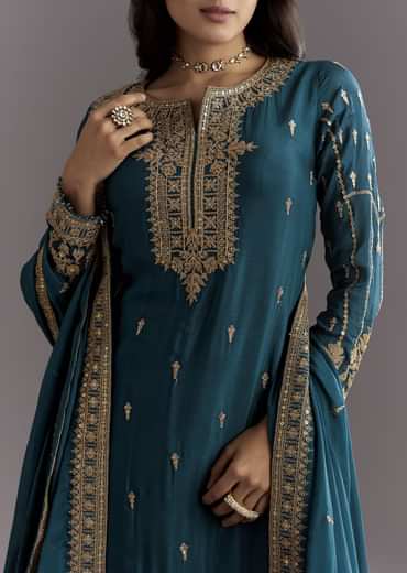 Teal Blue Zari Beaded Kurta With Sequin Palazzo And Butti Work Dupatta