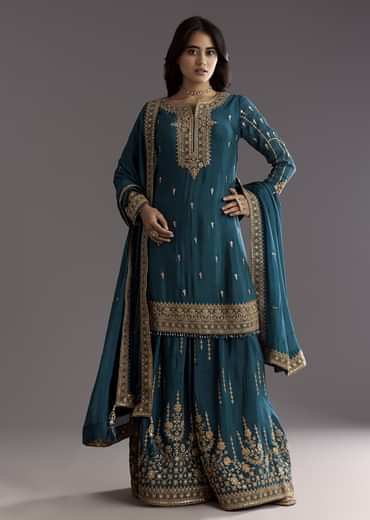 Teal Blue Zari Beaded Kurta With Sequin Palazzo And Butti Work Dupatta