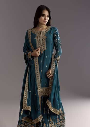 Teal Blue Zari Beaded Kurta With Sequin Palazzo And Butti Work Dupatta