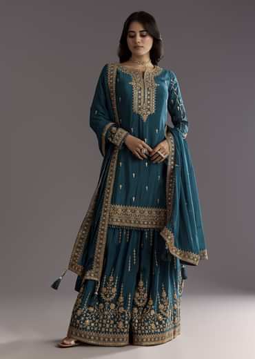 Teal Blue Zari Beaded Kurta With Sequin Palazzo And Butti Work Dupatta