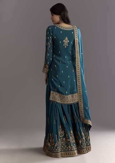 Teal Blue Zari Beaded Kurta With Sequin Palazzo And Butti Work Dupatta
