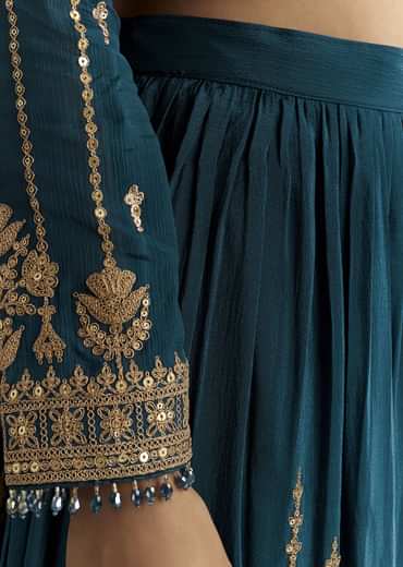 Teal Blue Zari Beaded Kurta With Sequin Palazzo And Butti Work Dupatta