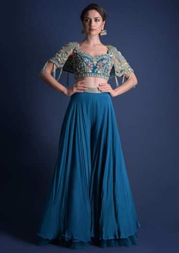 Seaside Blue Crop Top And Palazzo With Embossed Embroidery And Hand Crafted Cape