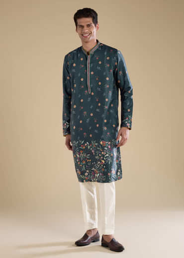 Teal Floral Embroidered Mens Kurta and Pant Set