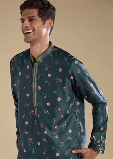 Teal Floral Embroidered Mens Kurta and Pant Set