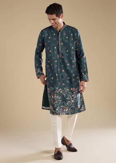 Teal Floral Embroidered Mens Kurta and Pant Set