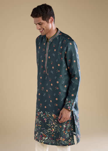 Teal Floral Embroidered Mens Kurta and Pant Set