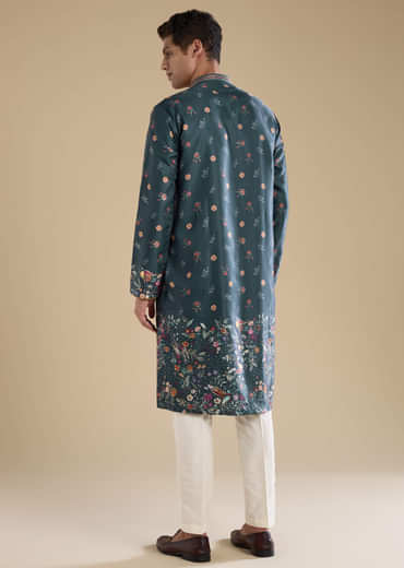 Teal Floral Embroidered Mens Kurta and Pant Set
