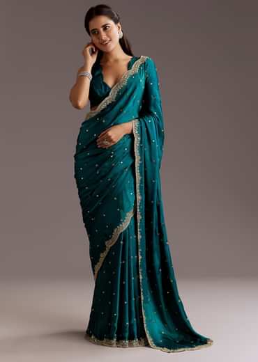 Teal Green Chinon Saree With Cutdana And Sequins Scallop Border