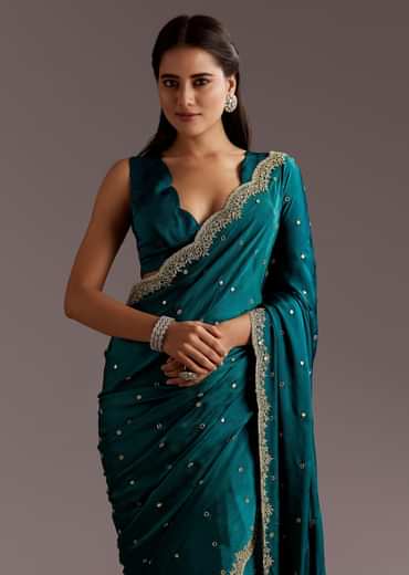 Teal Green Chinon Saree With Cutdana And Sequins Scallop Border