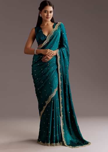 Teal Green Chinon Saree With Cutdana And Sequins Scallop Border