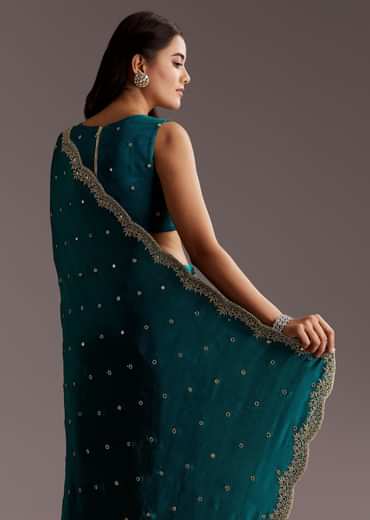 Teal Green Chinon Saree With Cutdana And Sequins Scallop Border