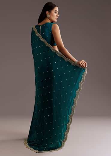 Teal Green Chinon Saree With Cutdana And Sequins Scallop Border