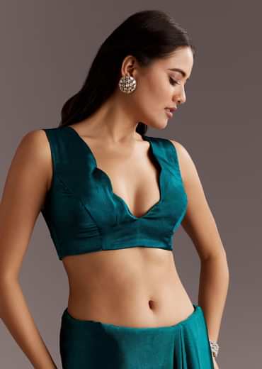 Teal Green Chinon Saree With Cutdana And Sequins Scallop Border