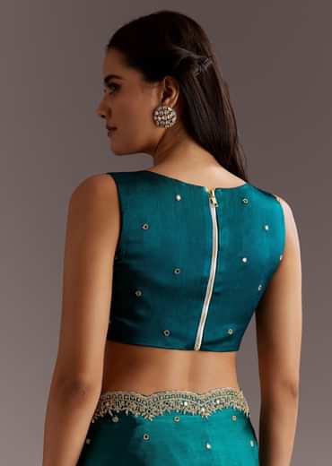 Teal Green Chinon Saree With Cutdana And Sequins Scallop Border