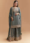 Teal Green Crepe Palazzo Suit With Hand Embroidery And Bandhani Print