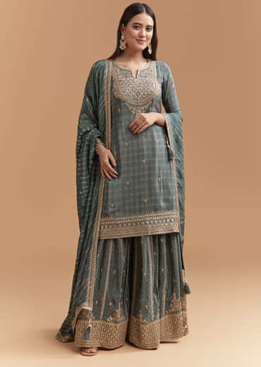 Teal Green Crepe Palazzo Suit With Hand Embroidery And Bandhani Print