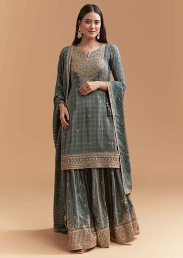 Teal Green Crepe Palazzo Suit With Hand Embroidery And Bandhani Print