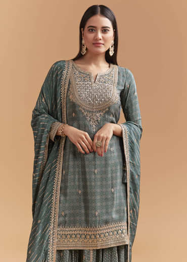 Teal Green Crepe Palazzo Suit With Hand Embroidery And Bandhani Print