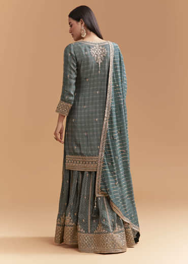 Teal Green Crepe Palazzo Suit With Hand Embroidery And Bandhani Print