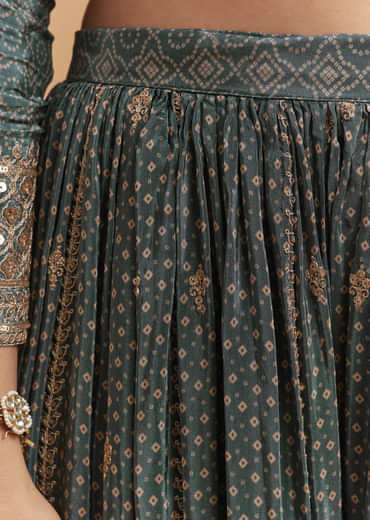 Teal Green Crepe Palazzo Suit With Hand Embroidery And Bandhani Print