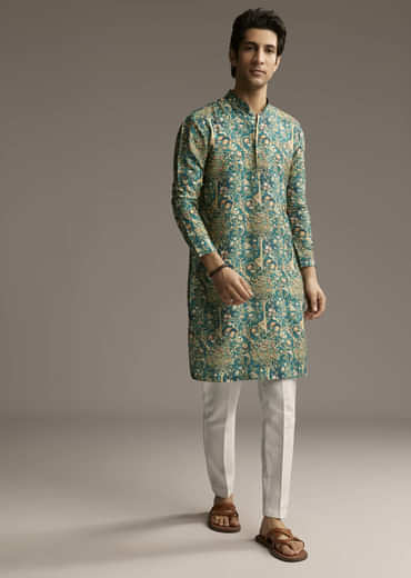 Teal Green Designer Kurta For Men With Ornamental Tree Motif Print