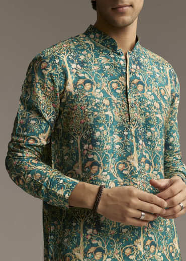 Teal Green Designer Kurta For Men With Ornamental Tree Motif Print