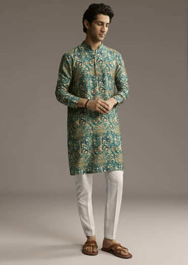 Teal Green Designer Kurta For Men With Ornamental Tree Motif Print