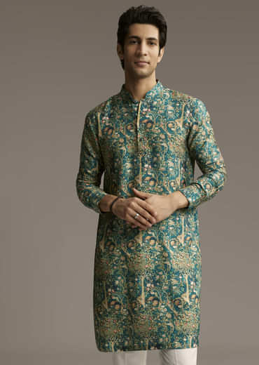Teal Green Designer Kurta For Men With Ornamental Tree Motif Print