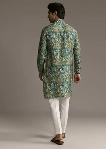 Teal Green Designer Kurta For Men With Ornamental Tree Motif Print