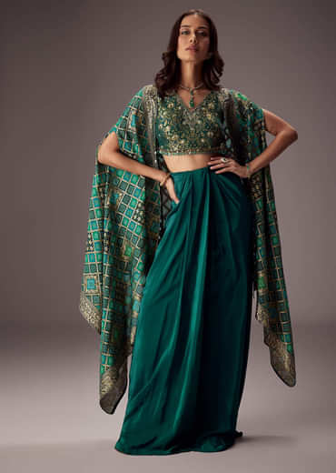 Teal Green Draped Skirt With Embroidered Blouse And Tassel Cape