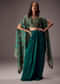 Teal Green Draped Skirt With Embroidered Blouse And Tassel Cape