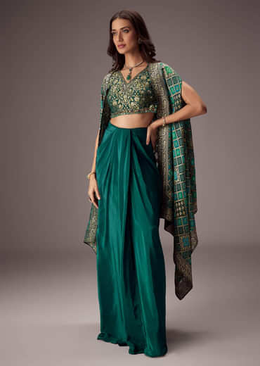 Teal Green Draped Skirt With Embroidered Blouse And Tassel Cape