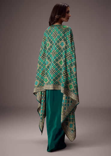 Teal Green Draped Skirt With Embroidered Blouse And Tassel Cape