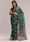 Teal Green Linen Printed Saree With Handcrafted Ajrakh Work
