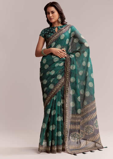 Teal Green Linen Printed Saree With Handcrafted Ajrakh Work