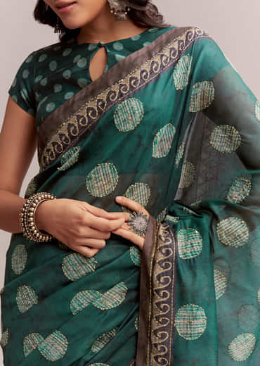 Teal Green Linen Printed Saree With Handcrafted Ajrakh Work