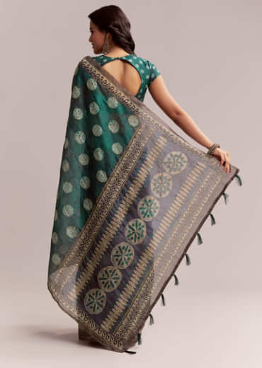 Teal Green Linen Printed Saree With Handcrafted Ajrakh Work