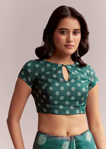 Teal Green Linen Printed Saree With Handcrafted Ajrakh Work