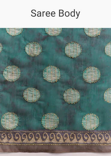 Teal Green Linen Printed Saree With Handcrafted Ajrakh Work