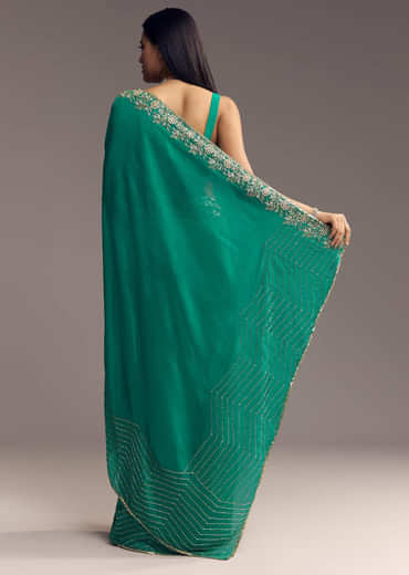 Teal Green Organza Saree With Cut Dana And Sequin Detailing